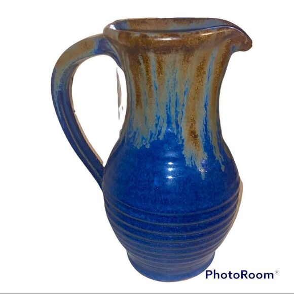 Signed Pigeon River Pottery Tall Pitcher- COBALT BLUE Glazed with Drip - Picture 2 of 13